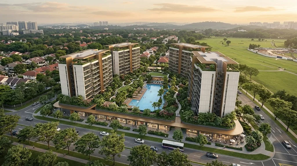 Aerial artist’s impression of Dunearn Green showing mid-rise blocks, sky terraces and a central lap pool beside Turf City parkland