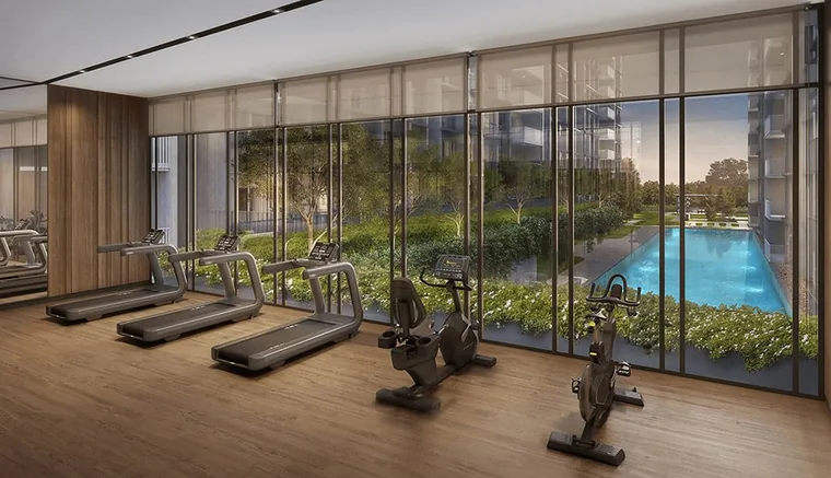 Preview render of a glass-walled gym pavilion beside a lap pool, indicative of Dunearn Green facilities