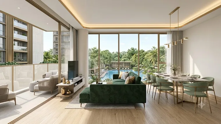 Artist’s impression of a Dunearn Green living and dining area with pool-facing floor-to-ceiling windows