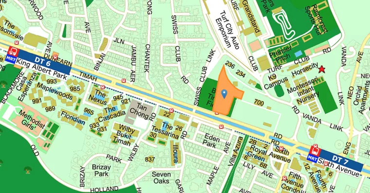 Street map with the Dunearn Green site outlined beside Timah Field near Swiss Club Road