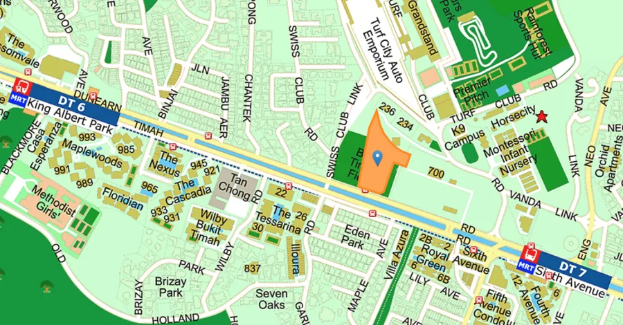 Dunearn Green site outlined in orange on a street map beside Timah Field and Swiss Club Road