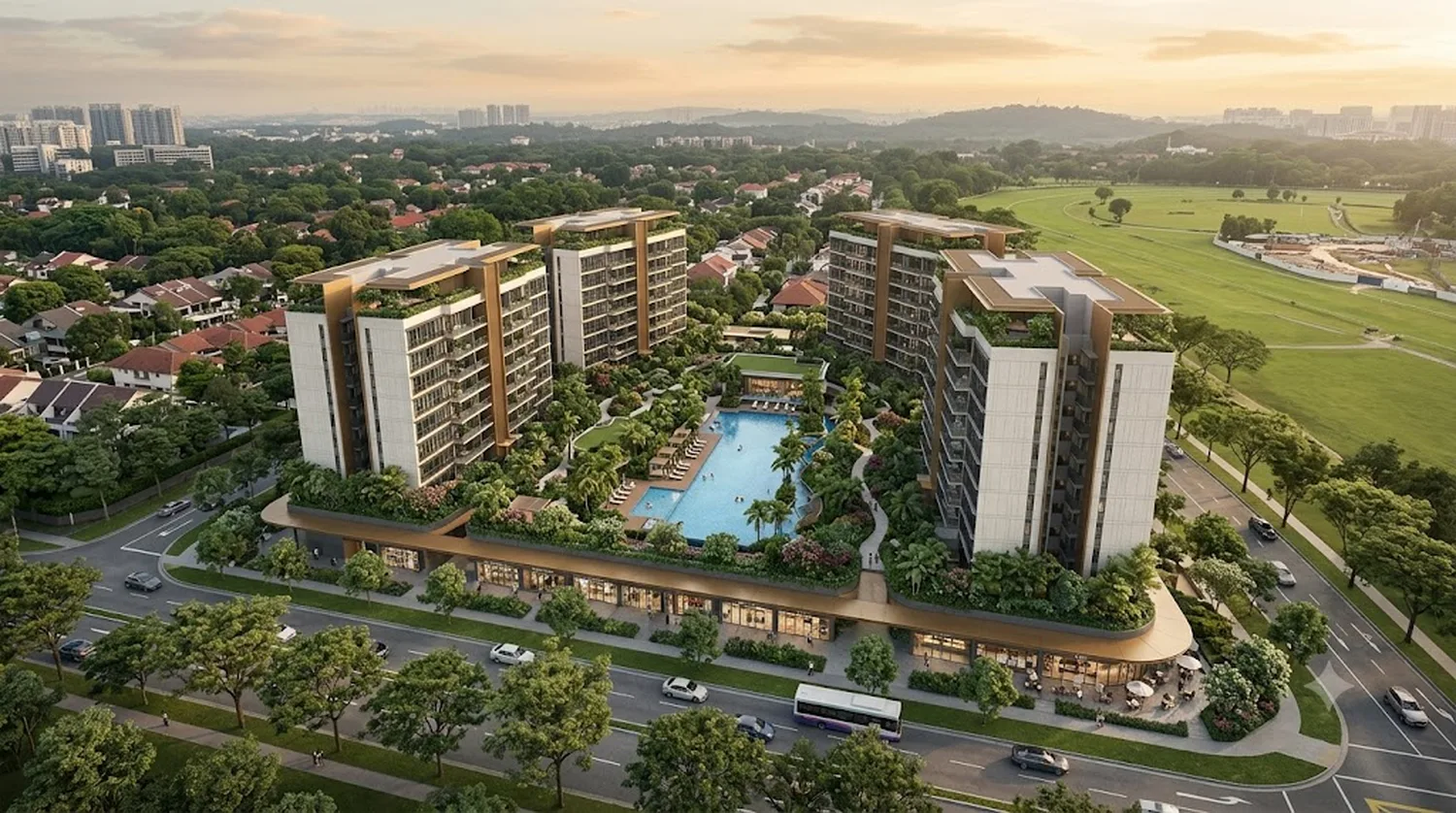 Aerial artist’s impression of Dunearn Green condominium blocks around a central pool in Bukit Timah